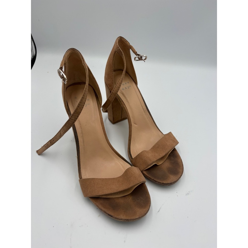 A New Day Cognac Brown Faux Suede Block Heel Ankle Strap Sandals Size 6.5